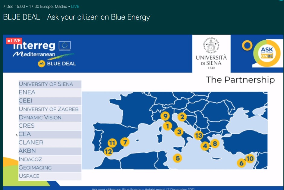 bluedeal_med's tweet photo. More than 2.100 citizens🌍 from 9 regions of the Mediterranean participated in this survey on the perception of marine #renewableenergies.
Professor Simone Bastianoni, #BLUEDEALproject coordinator, will explain the results obtained. 📈
#LIVEONAIR https://t.co/ZaRSZ7HvcM https://t.co/akkt2KWJXh