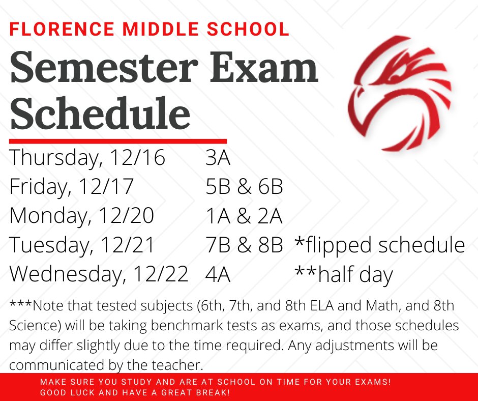 fmseaglepride's tweet photo. Semester Exams Schedule
Monday, 12/16 - 3A
Tuesday, 12/17 - 5B &amp; 6B
Monday, 12/20 - 1A &amp; 2A
Tuesday, 12/21 - 7B &amp; 8B (flipped schedule)
Wednesday, 12/22 - 4A (note: only 4A will meet)

See the FMS website for more info: https://t.co/B0UKUhY1ln https://t.co/dO3o41RZEh