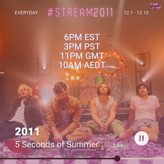 5SOSDigest's tweet photo. Today through this Friday we’re hosting #Stream2011 streaming parties at 6 PM EST!
Check out our graphic below to see when we are hosting our #Stream2011WithDigest streaming parties in some other timezones 🤍
Press play to stream ‘2011’ by @5SOS here: https://t.co/BdHiTkLq7T https://t.co/qoaVPN6G3r