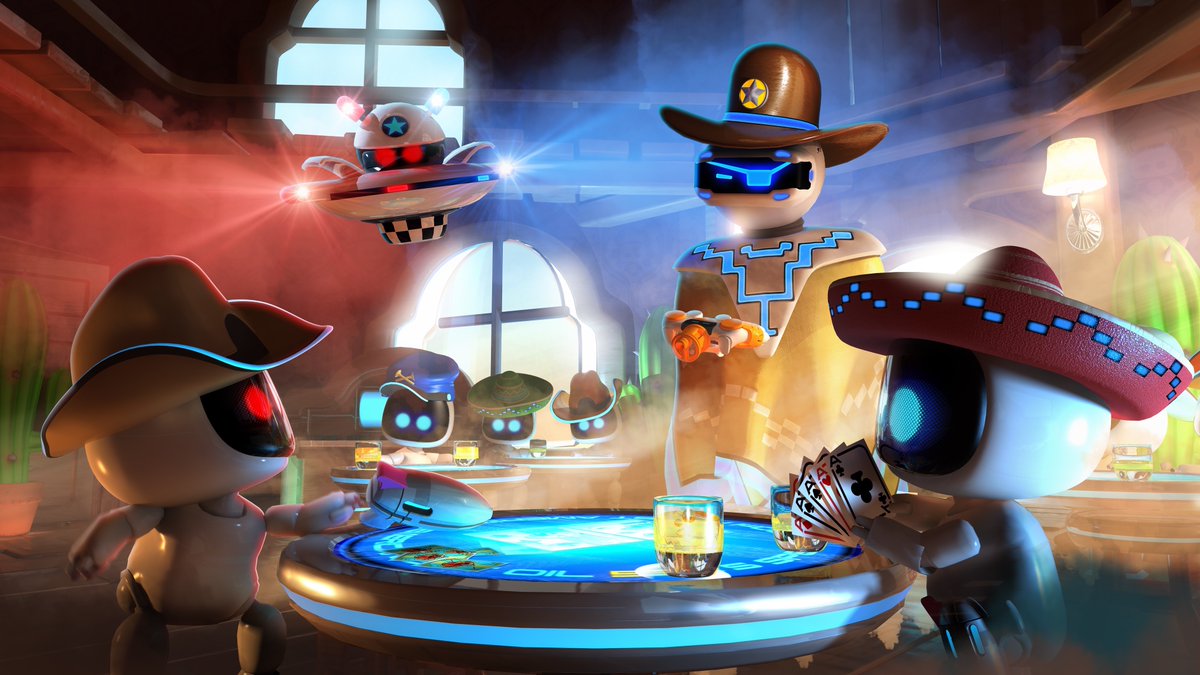 TeamAsobi's tweet photo. Something smells fishy around here cowboy.🤠
「なんかキナ臭いな…」♦️♠️♥️♣️
Long before Astro #KeyArt from #PLAYROOMVR https://t.co/GUoAf5pxCV