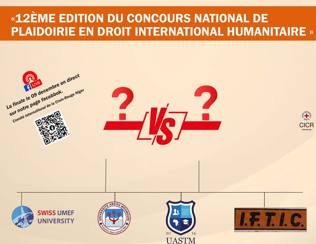 fataouhama's tweet photo. Concours national de plaidoirie #DIH est en cours.Les équipes @SwissUMEF #UASTM, #UniversitéDeNiamey & #IFTIC se défient
2 équipes seront qualifiées pour la FINALE le 9 décembre à la Cour de cassation
Cette finale sera diffusée en direct sur notre page Facebook à partir de 15h https://t.co/Ngy73RuYCx
