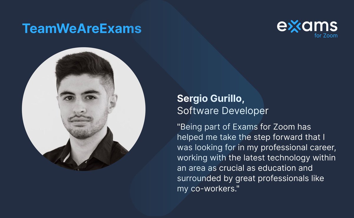weareexams's tweet photo. Sergio Gurillo is the Software Developer at Exams for Zoom and a great addition to the WeAreExams team! Despite his youth, he has shown a high level of professionalism and has continuously provided a critical look at each stage of the tool's development. 

Thank you Sergio! https://t.co/Py4slwRSTe