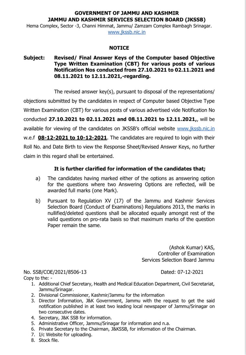 jkssbofficial's tweet photo. JKSSB notifies revised Answer Key(s) of the CBT examination conducted from 27.10.2021 to 02.11.2021 &amp; 08.11.2021 to 12.11.2021. https://t.co/2Sh8kD6mMP