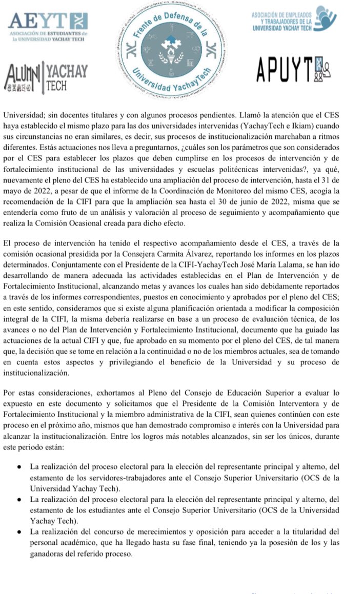 FrenteTech's tweet photo. 📍Comunidad Universitaria

Les invitamos a tod@s a leer el presente pronunciamiento ante la presente etapa del proceso de institucionalización de nuestra @UniYachayTech 

@ConsejoEst_YT @asoet_uitey @YachayAlumni @asoc_tech 

@ces_ec @EduSuperiorEc https://t.co/VdB6hsnkCZ