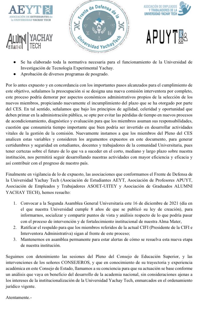 FrenteTech's tweet photo. 📍Comunidad Universitaria

Les invitamos a tod@s a leer el presente pronunciamiento ante la presente etapa del proceso de institucionalización de nuestra @UniYachayTech 

@ConsejoEst_YT @asoet_uitey @YachayAlumni @asoc_tech 

@ces_ec @EduSuperiorEc https://t.co/VdB6hsnkCZ