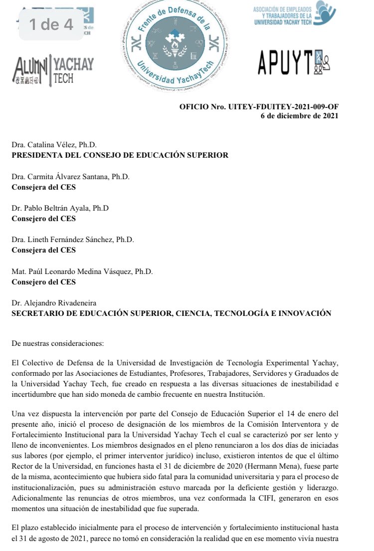 FrenteTech's tweet photo. 📍Comunidad Universitaria

Les invitamos a tod@s a leer el presente pronunciamiento ante la presente etapa del proceso de institucionalización de nuestra @UniYachayTech 

@ConsejoEst_YT @asoet_uitey @YachayAlumni @asoc_tech 

@ces_ec @EduSuperiorEc https://t.co/VdB6hsnkCZ