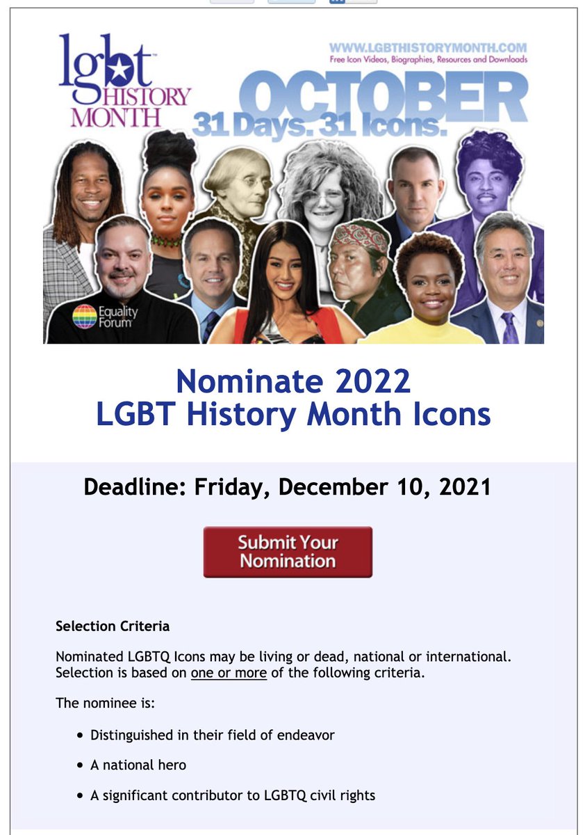 robynochs's tweet photo. Hey, #BiHive: Each year, the @EqualityForum honors 30 individuals during #LGBTHistoryMonth (October). They've put out a call for nominations which this year are due Dec. 10th. Please nominate bi+ folks! Who would YOU honor? Please, nominate someone today!

https://t.co/URhJoOYEQ0 https://t.co/FttrufWxxM