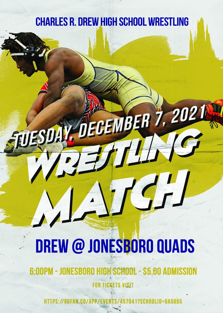 CDTitansWrestl1's tweet photo. @DrewTitans @CDHSTitans @ccpsathletics1 
🚨 It's Wrestling Match Day 🚨
Drew @ Jonesboro Quad
📆 Tuesday, December 7, 2021
⏰ 5:00pm
📍 Jonesboro High School - $5.00 admission fee
🎟️ https://t.co/bDVpwRgMHX https://t.co/81mgugDXNU