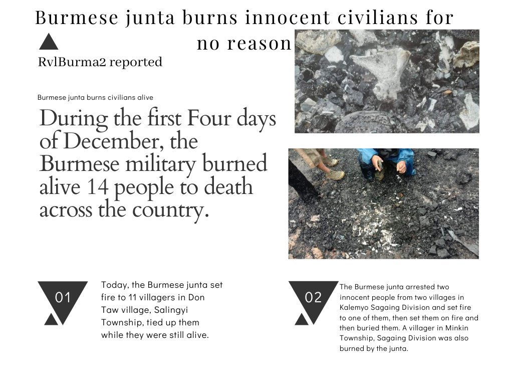 Tw//Graphic: The junta today tied up and burned 11 innocent people in Don Taw village, Sagaing Region, Salingyi Township. It is clear that the military is committing crimes against humanity. We called for action!! <a href="/hrw/">Human Rights Watch</a> <a href="/HRWMyanmar/">HRW Myanmar</a>

#BurntAliveByJunta
#WhatsHappeningInMyanmar