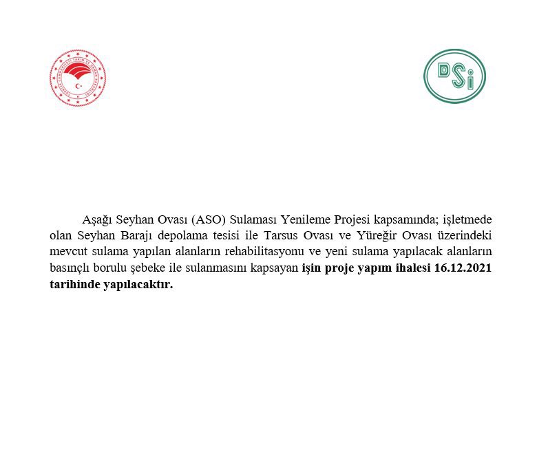 İklim değişirken, Çukurova’da sulu tarımın kaderini değiştirecek, enerji ve su tasarrufu sağlayacak, sıkça gündeme getirdiğimiz Çukurova Kapalı Basınçlı Sistem Sulama Projesi 16 Aralık’da ihale edilecek.
Emeği geçenlere teşekkür ederiz. 
Umarım susuz günler gelmeden tamamlanır..