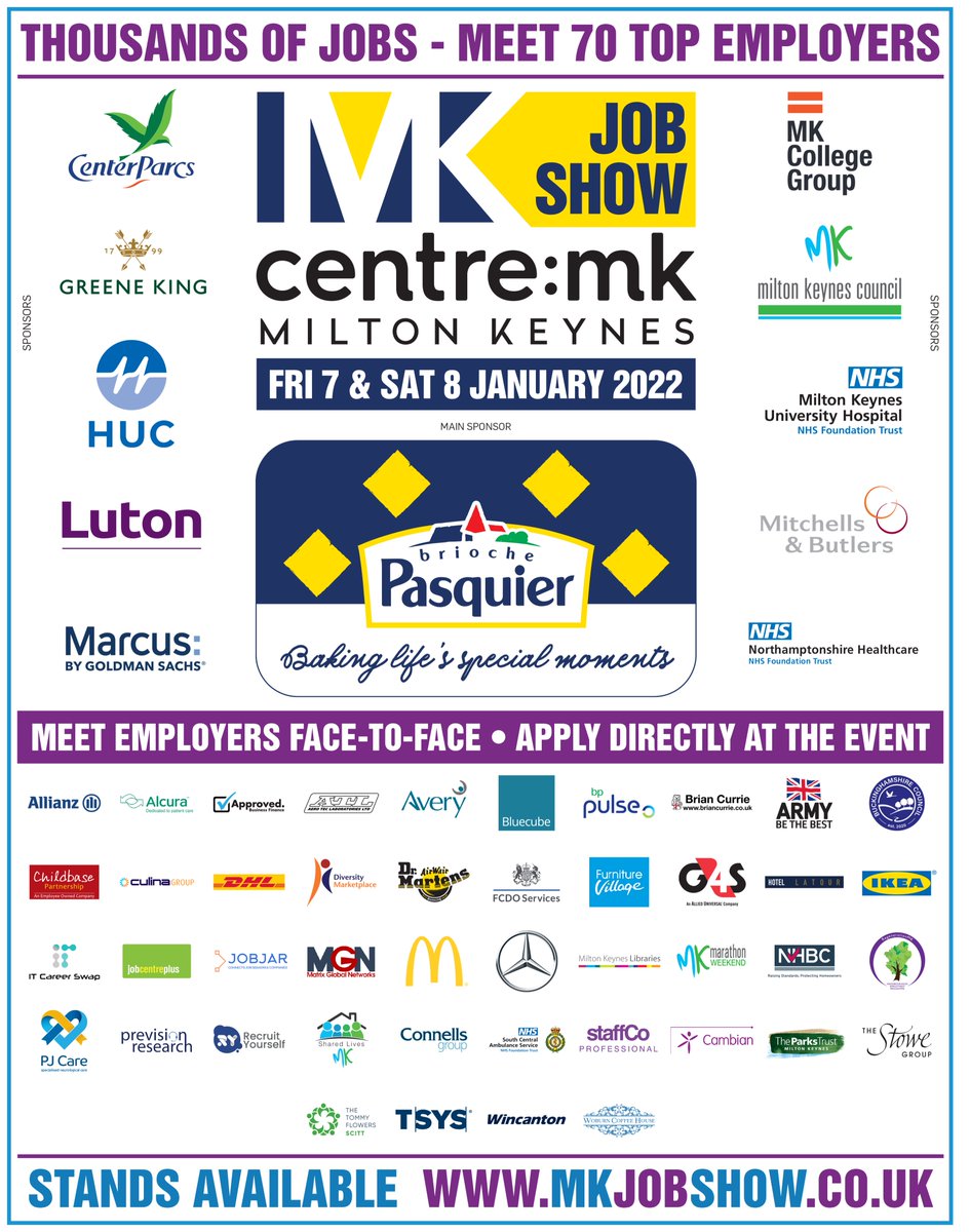 FREE event this January!

Join us at centre:mk for the region's biggest job show!

🏢 70+ Employers
💼 Thousands of Jobs
🎙️ Career Workshops &amp; Seminars
📝 CV Clinics

Register for FREE here 👉 MKJobShow.co.uk