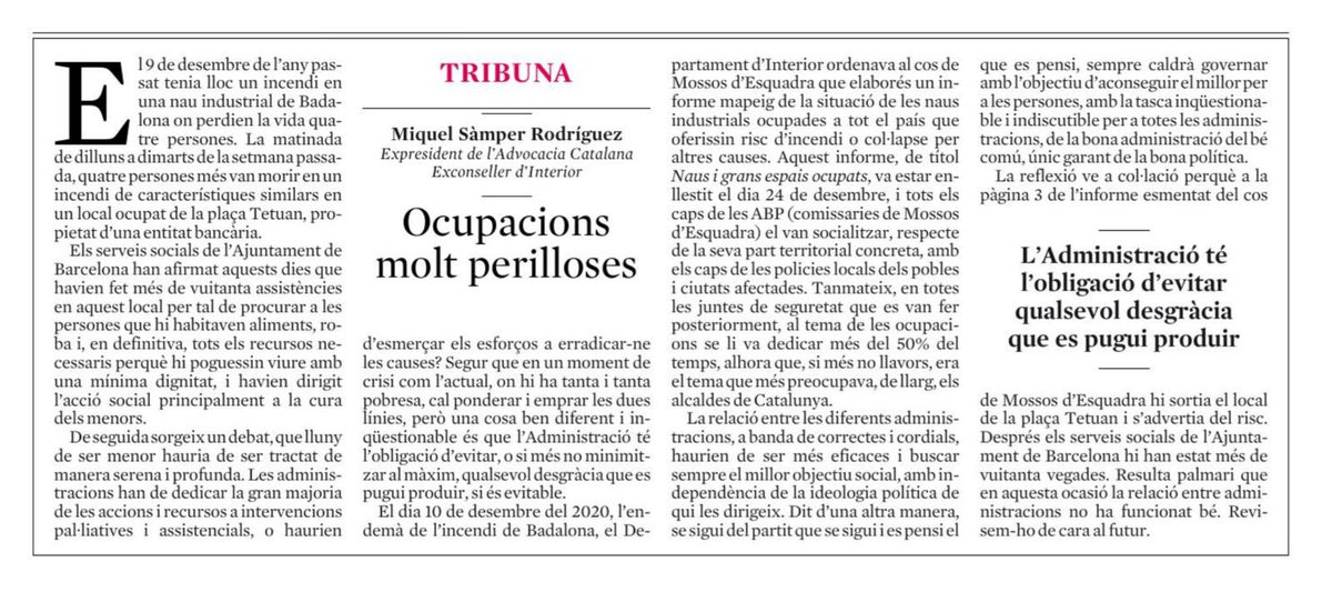 (((Elsa Artadi))) 🎗 (@elsa_artadi) on Twitter photo Article del conseller <a href="/miquel_samper/">Miquel Sàmper</a> sobre la tragèdia de la plaça Tetuan i com les administracions han fallat malgrat tenir la informació 👇🏻 Article del conseller <a href="/miquel_samper/">Miquel Sàmper</a> sobre la tragèdia de la plaça Tetuan i com les administracions han fallat malgrat tenir la informació 👇🏻