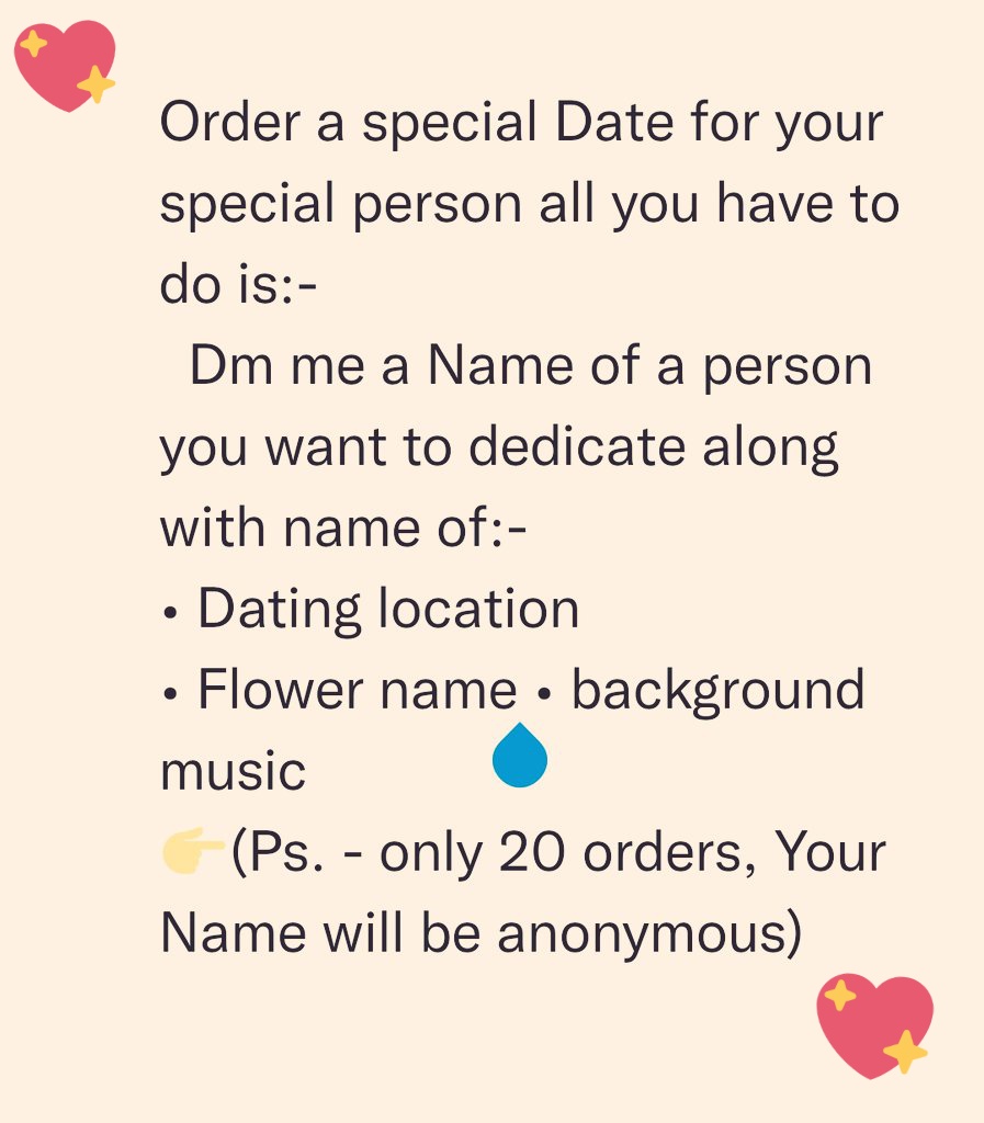 anusha__199's tweet photo. #LetsPlay
#DatingCafe 🤭❤️🧸
Order a special Date❤️ for a special person all you have to do is :-(Check below pic)
PS:-
•Your Name will b anonymous
•Only first 20 orders
•Only for my followers https://t.co/YQc4mCP42z