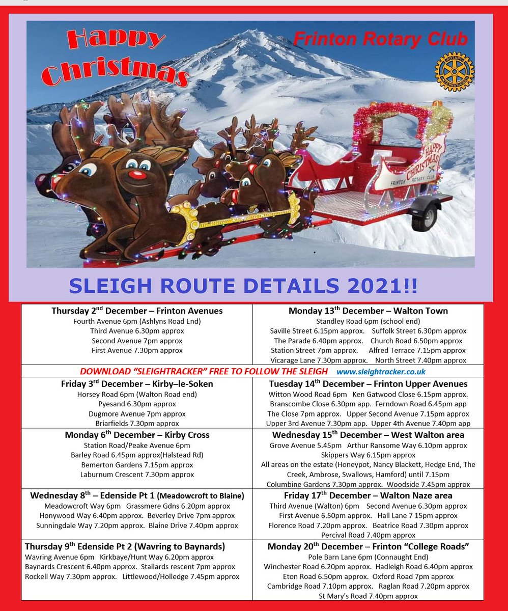 FrintonRotary's tweet photo. Santa's 2021 tour is approaching day 4. All gone well so far and kids have been delighted. Only problem was running out of time Monday due to visiting all the new houses in the Kirby neighbourhood, not being able to fit all within the time allotted by the local authority :( https://t.co/t2zXD44vUn