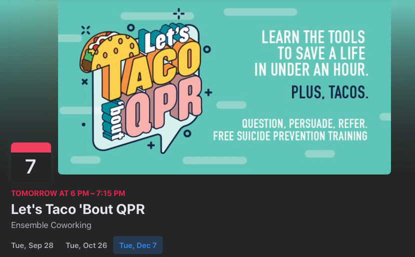 Do you know what to do if a friend, coworker, or someone you know is facing hard times? Suicidal thoughts are hard to stop. Learn the tools to save a life in under an hour plus Tacos! Jordan Harris Foundation is holding "Let's Taco 'bout QPR" event tonight bit.ly/3DC1BDa