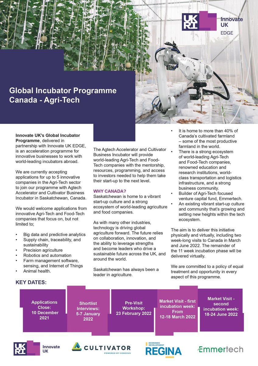 CHAPAgriTech's tweet photo. Acceleration programme for innovative SMEs to explore the potential of overseas markets🔽

‼️DEADLINE FRIDAY

UK #agritech companies can apply for the Global Incubator Programme and join Canadian companies on #AgtechAccelerator

▶️https://t.co/2ho6tlCYdd

#agriculture @innovateuk https://t.co/QsH5tosRpj