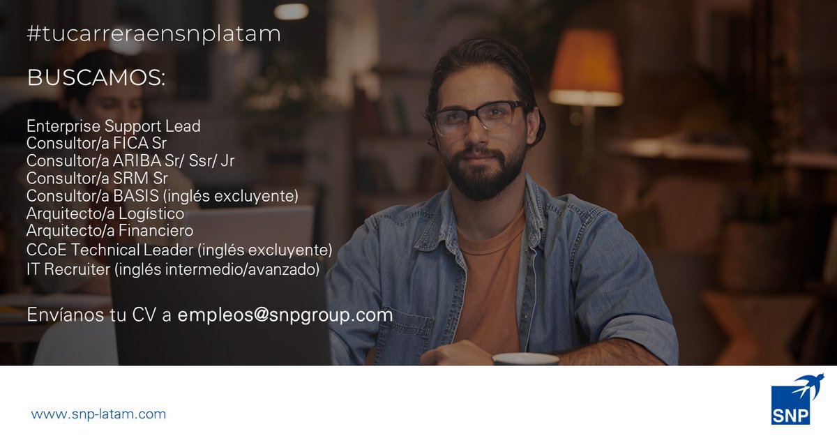 #tucarreraensnplatam 🥳
Te estamos buscando!
Para más información o enviarnos tu CV 💌 empleos@snpgroup.com

#recruiter #empleos #cv #consultoría #IT