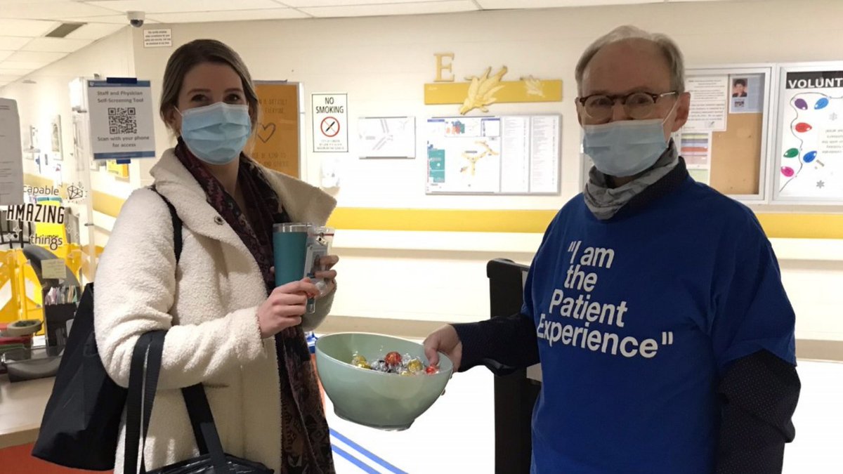 LHSCCanada's tweet photo. The Patient Engagement team and Patient &amp; Family Partners brought a little cheer to health care workers this morning at VH and UH! They showed their appreciation by handing out chocolate at staff entrances to staff and physicians who were starting/ending their day. https://t.co/wE8SlqmxZo