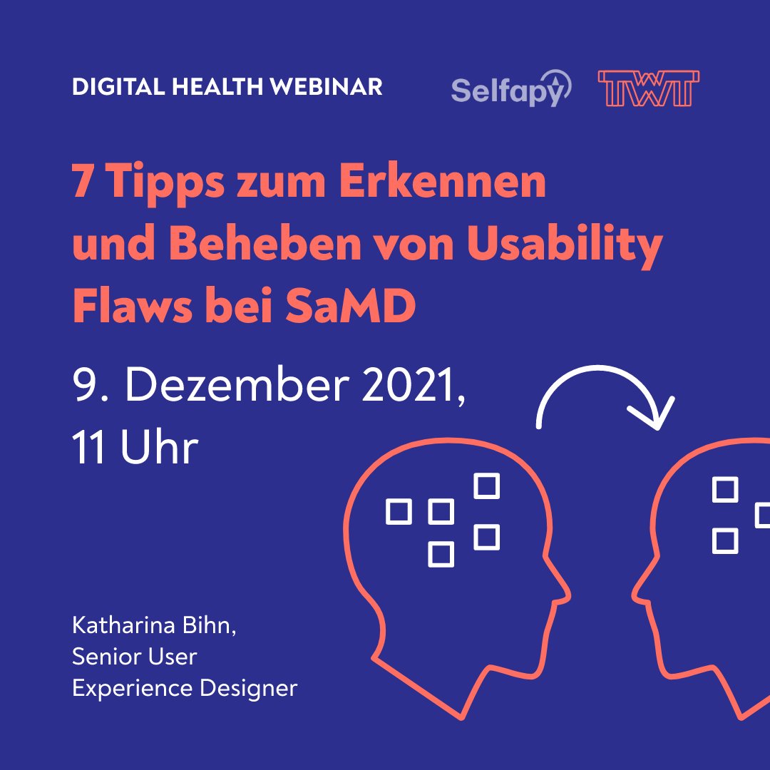 TWTDigiHealth's tweet photo. Noch 2 Tage bis zu unserem nächsten Webinar: Unsere Referentin Katharina Bihn informiert Sie am 9.12., 11 Uhr zum Thema "7 Tipps zum Erkennen und Beheben von Usability Flaws bei SaMD"
Zur Anmeldung: https://t.co/YehCtn5Dof
Weitere Infos: https://t.co/V1IuK3pdlx 

#SaMD #Usabilty https://t.co/gUU5kBpKHh