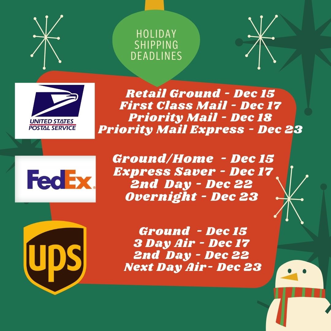 Here are the carrier suggested holiday shipping guidelines. The earlier you can ship the better. Come see us for all your options. #sipnship #usps #fedex #ups #westpalmbeach #ilovewpb