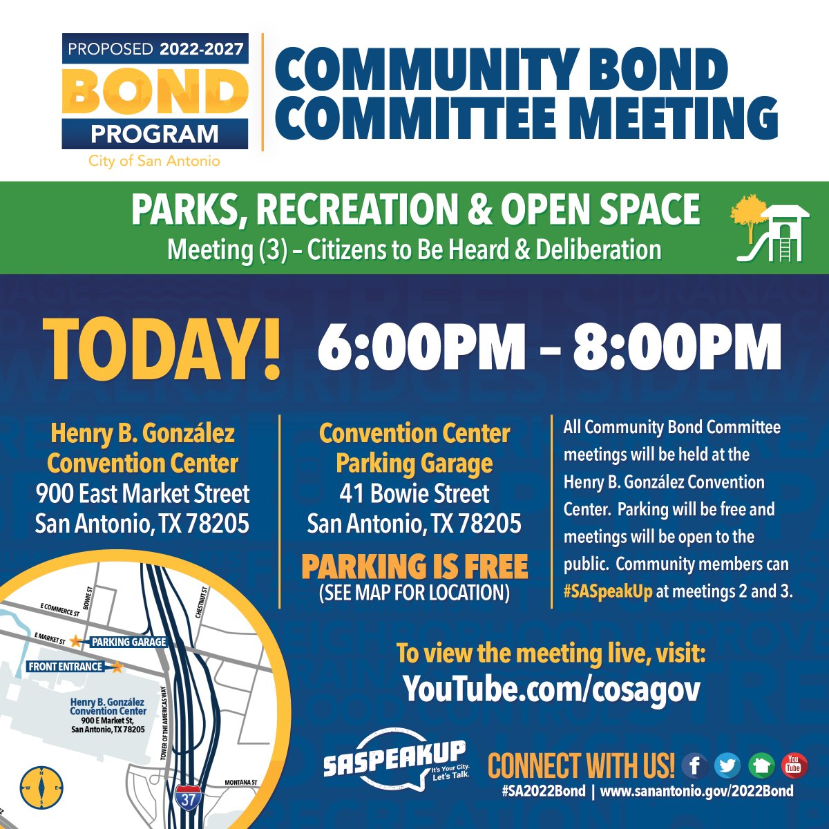 SAPublicWorks's tweet photo. Make your voice heard at the #SA2022Bond meeting. At tonight’s meeting we’ll discuss parks and open spaces. To view the meeting live, visit https://t.co/q4vmbJDI6I. Visit https://t.co/hKh96maHc3. #MaskEncouraged #DoItForSA https://t.co/Wv6UegnSdo