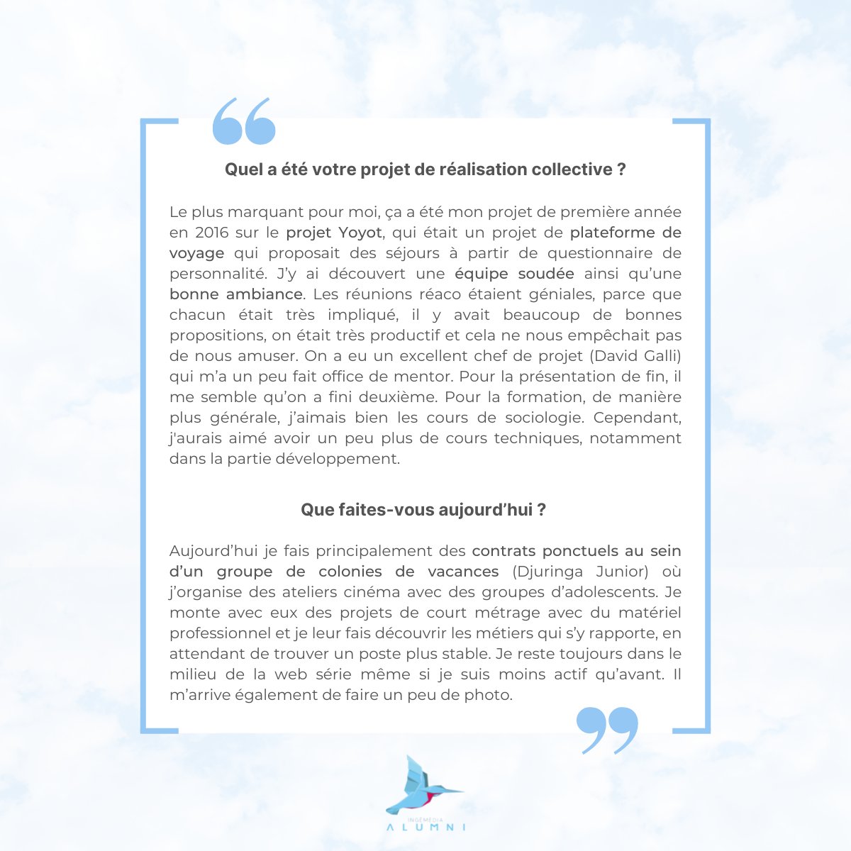 IngemediaAlumni's tweet photo. Nous ouvrons le bal avec Vincent-Pierre LEVIN. Passionné de vidéo depuis ses 12 ans, il sort diplômé d’un Master 2 Production numérique et immersion en 2017… la suite de son parcours juste en dessous ⬇️

#Alumni #Ingémédia #Toulon #Portrait #Ancien #Ancienne https://t.co/W0bOi6AXcs