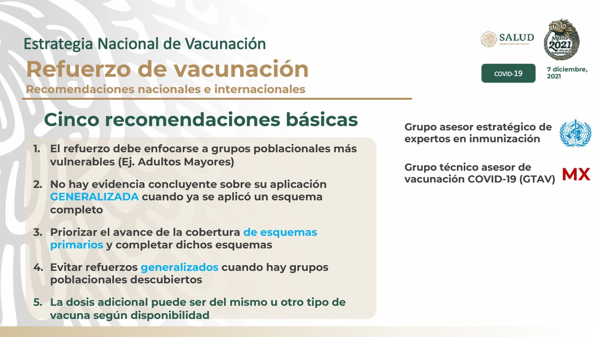 HLGatell's tweet photo. Hoy inicia en Chiapas, Ciudad de México, Jalisco, Oaxaca, Sinaloa y Yucatán la vacunación de refuerzo contra #COVID19 a personas adultas mayores de 60 años. Esta decisión se toma con base en las recomendaciones técnicas de la @WHO. 1/3 https://t.co/6vr5HpUsrH