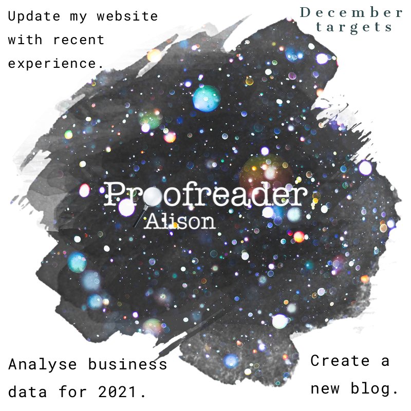 alisonproofread's tweet photo. It's coming to the end of another year. My December targets are all about reviewing my business.
I love analysing data. I may even create a graph!
Do you analyse your business at the end of every year?
#projects #proofread #educationalproofreader #mathematicalproofreader https://t.co/e1CIWcZYl2