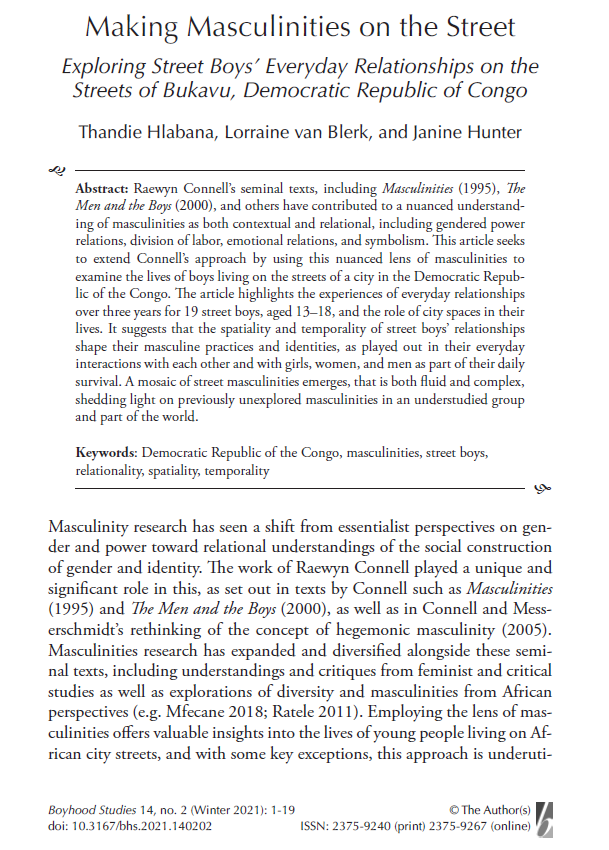 JanineHH258's tweet photo. Delighted 1st jointly written paper from Growing up on the Streets Fellowship with Thandie Hlabana from @nul_roma published in @BoyhoodStudies! See the issue here: https://t.co/C7mPC3y07x
#street #masculinities #GUOTS #SecondaryDataAnalysis https://t.co/t6OJuPmwYz