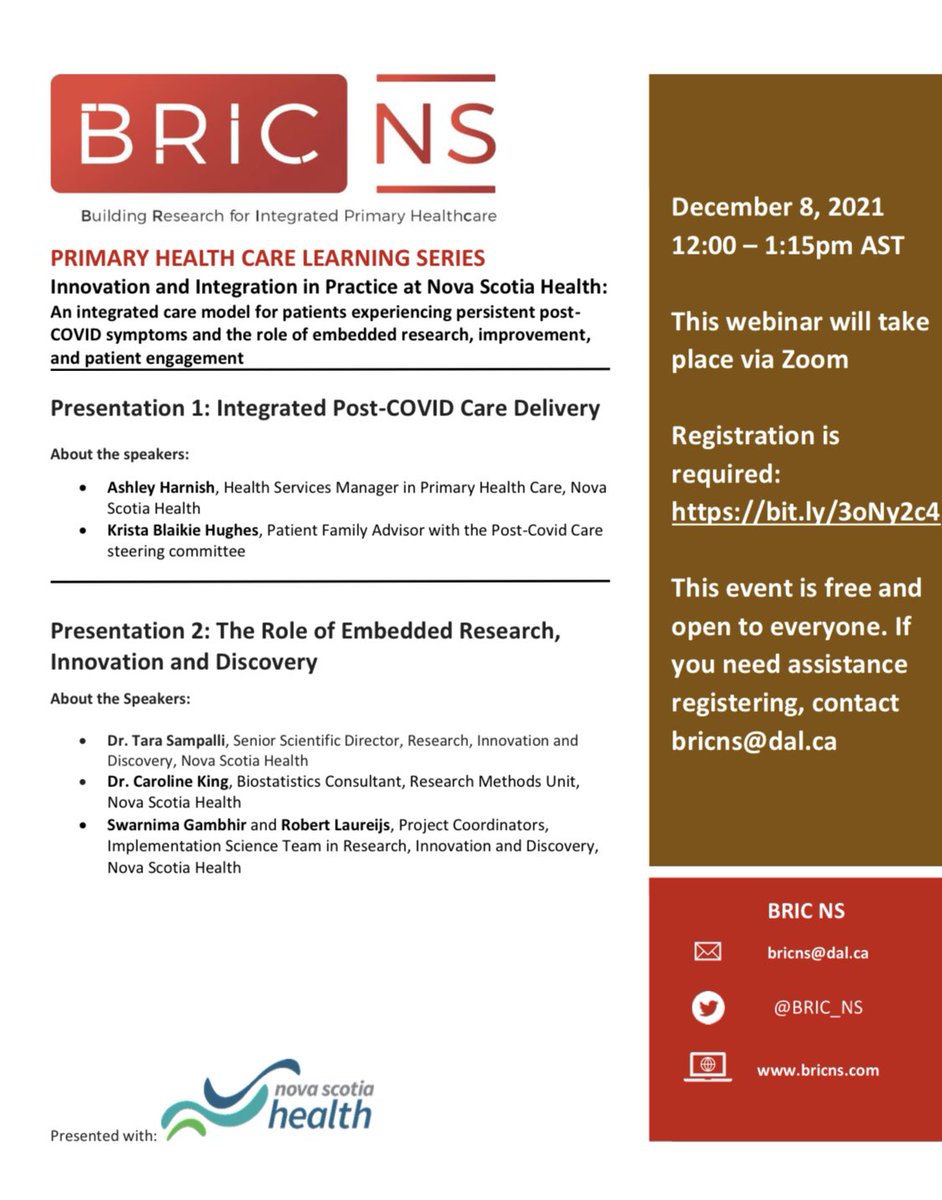 Please join @BRIC_NS for the next Primary Health Care Learning Series to learn about Innovation and Integration in Practice at NSHA. Date: December 8, 2021 Time: 12:00 – 1:15pm AST   This webinar will take place via Zoom.  Registration is required: bit.ly/3oNy2c4.