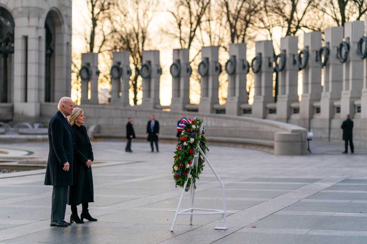 The President and First Lady mark National Pearl Harbor Remembrance Day at the World War II Memorial in Washington DC.
