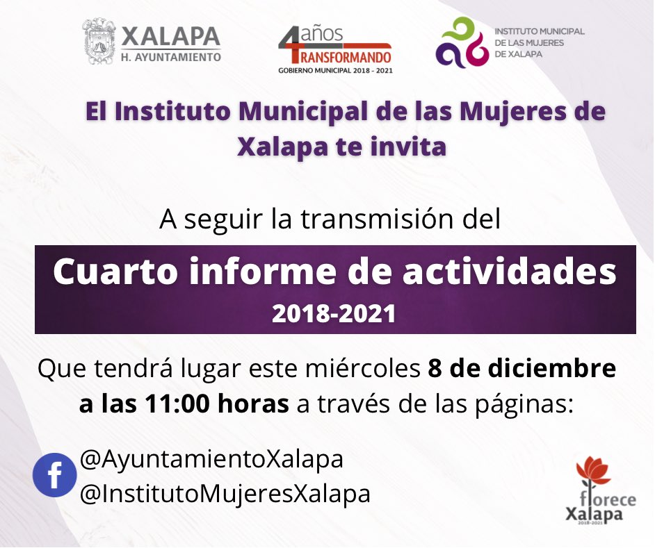 El miércoles 8 de diciembre a las 11:00 horas daremos cuentas de las acciones que realizamos durante el periodo 2018-2021. 

Acompáñanos en el informe, será un honor contar tu compañía en esta transmisión. 

#MujeresXalapa
#FloreceXalapa.