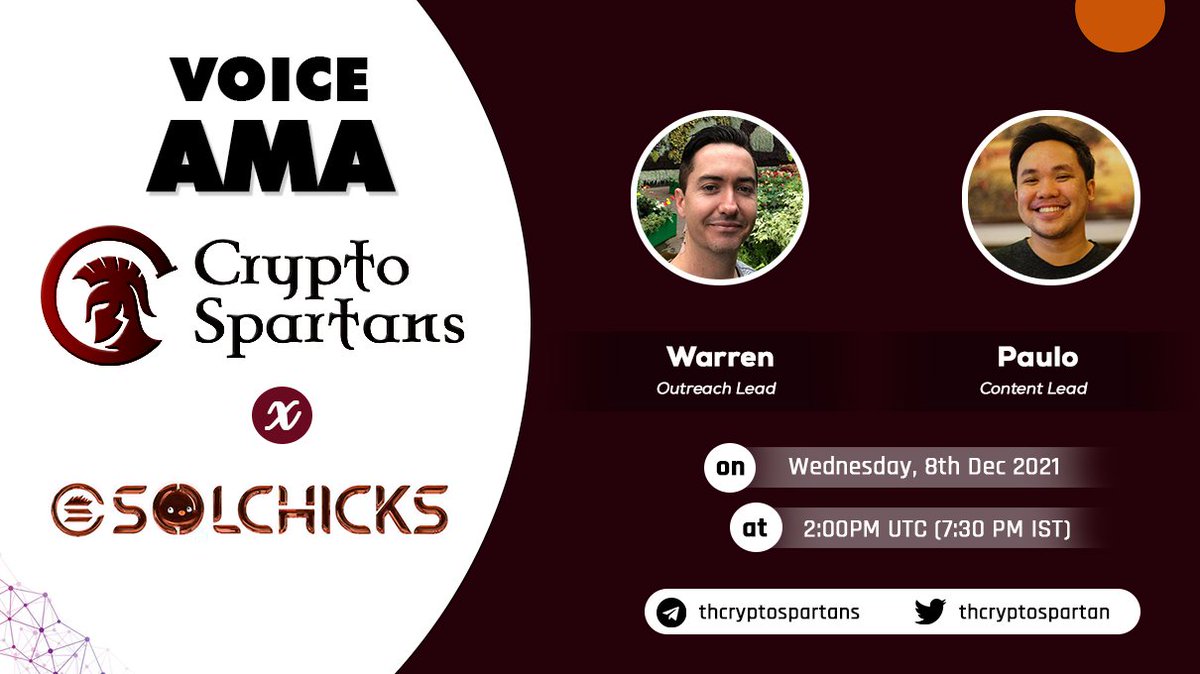 THCryptospartan's tweet photo. 🤺CryptoSpartans will host AMA with @SolChicksNFT

⏳Date: 8 Dec, 7:30 PM IST (2:00 PM UTC) 
💰Rewards : 250$ Chicks

Rules:
1. Only 1 question per account
2. Like, RT &amp; Tag 2 friends
3. Follow @SolChicksNFT &amp; @THCryptospartan
4. Mention #SpartanArmy

#AMA $chicks #Crypto #Solana https://t.co/FE3ARqSBCb