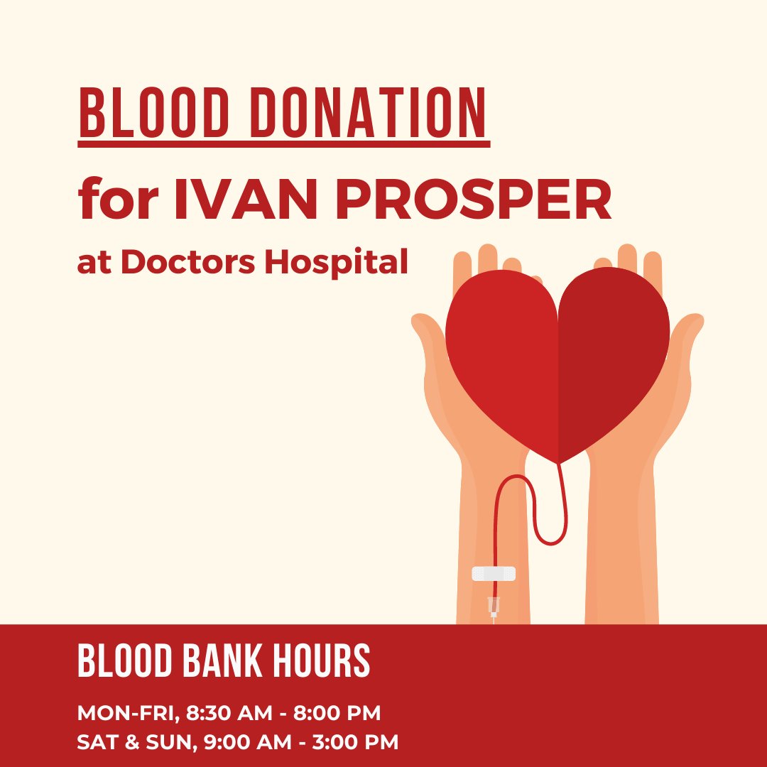 npcconline's tweet photo. In case you missed it: Ivan Prosper, a member of worship team, is currently in hospital. In addition to your prayers, you can donate blood at Doctors Hospital. Simply indicate that your donation is for Ivan.

Thank you for your continued prayers and support for the family! https://t.co/9l0iXsVflk