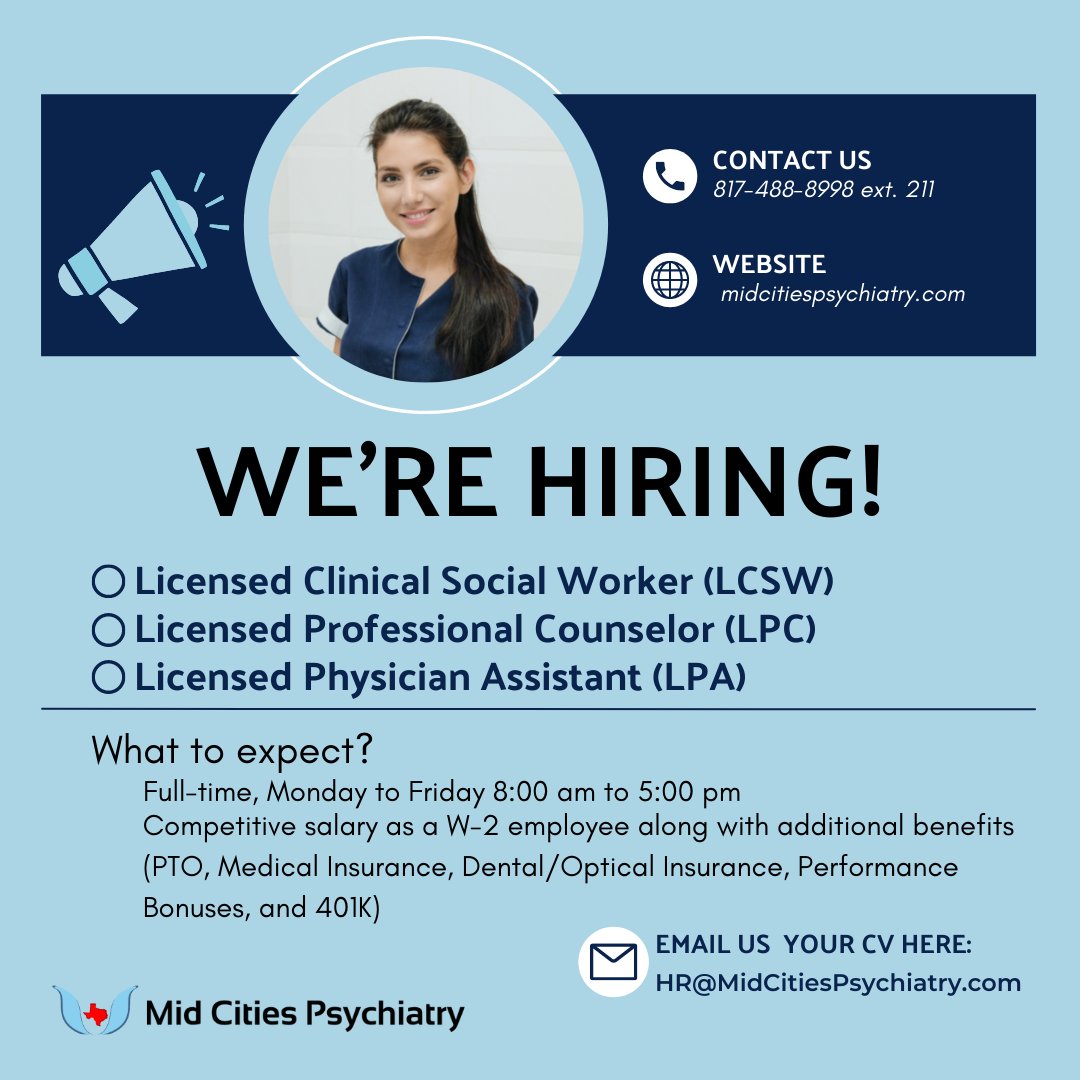 Mid Cities Psychiatry is opening its door for the following positions:
☑ Licensed Clinical Social Worker (LCSW)
☑ Licensed Professional Counselor
☑ Licensed Physician Assistant

#jobs #hiring #career #mentalhealthclinic #grapevinetx #LCSW #LPC #psychianassistant