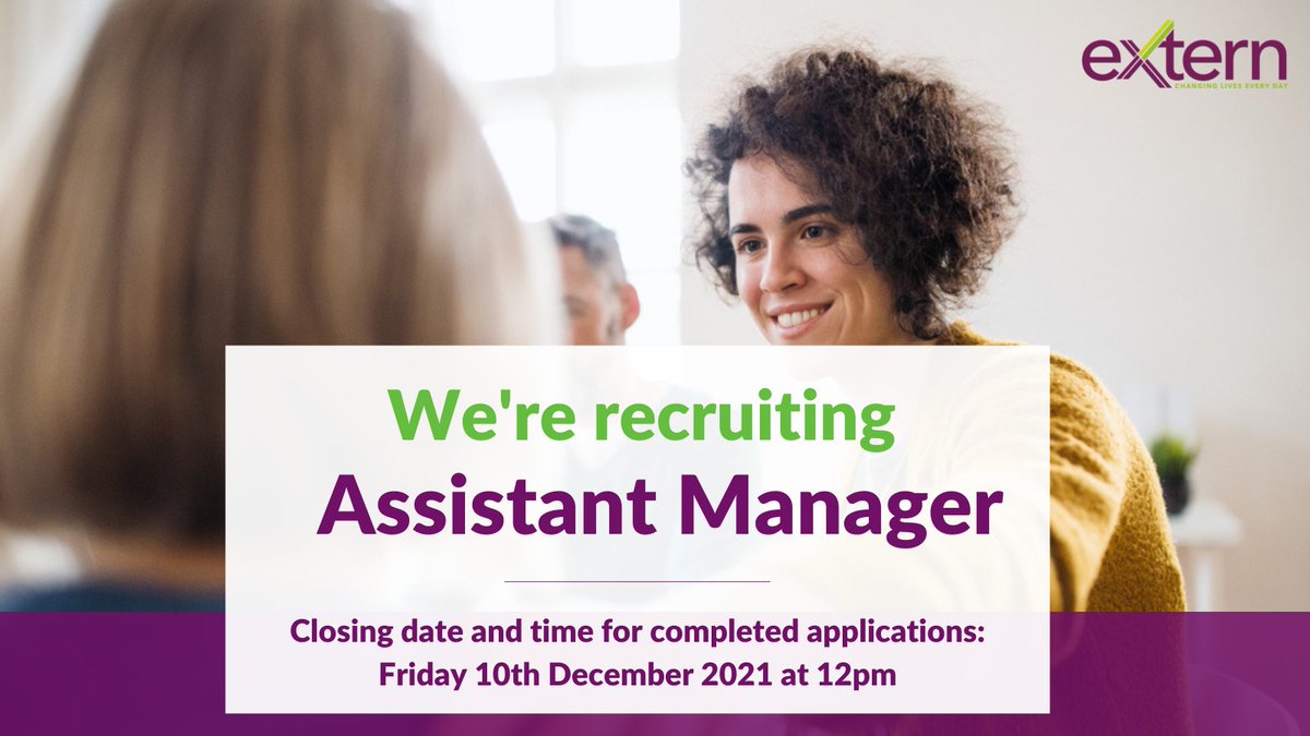 ExternCharity's tweet image. This week&apos;s featured job with Extern is for an Assistant Manager to join our Northern Trust Drug &amp;amp; Alcohol Services.

To find out more about the role and the benefits of working for Extern please visit our website.

#jobfairy #jobsearch

extern.org/jobs-northern-…