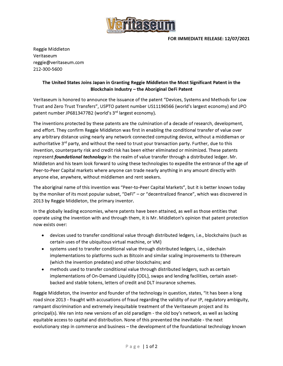 ReggieMiddleton's tweet photo. Proud to announce the US (world's largest economy) Joins Japan (3rd largest) in Granting @ReggieMiddleton the Most Significant Patent in the Blockchain Industry – the Aboriginal DeFi Patent: swaps, asset tokens, sidechains, #ODL, #AMM, etc. Explainer video https://t.co/qch81MH4Gy https://t.co/s7nBDqQdEM