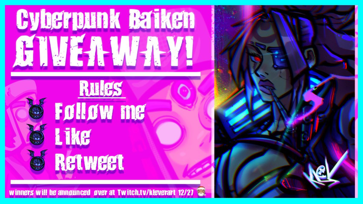 kleverART's tweet photo. Hey guys I’m doing a new Print Giveaway! @JxKDesigns 

Rules: 
✅ Follow
✅ like 
✅ Retweet this post

3 winners will be picked on stream https://t.co/Ih0ZWtoMKt on 12/27 🤘🏼👽

#Giveaway #Cyberpunk2077 #baiken #artwork #fanart #GuiltyGear #fightstick #gaming #GuiltyGearStrive https://t.co/FkF6pk1vqM