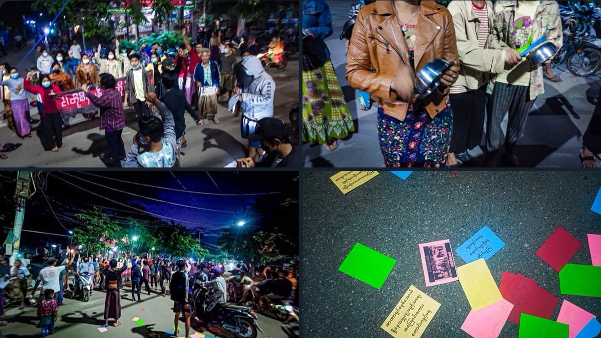 Injinn5's tweet photo. Tonight’s Mandalay is roaring with anti-dictatorship banging of pots and pans after the coward attack of Min Aung Hlaing forces in Salingyi today. Revolution shall not die!  #Cambodia_RejectTerrorists #Dec7Coup #WhatsHappeningInMyanmar https://t.co/8i3P0Q8brj