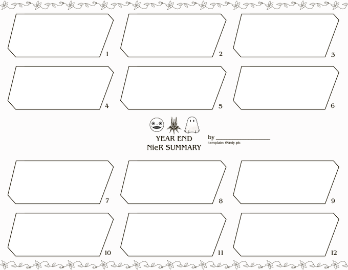 annual summary templates for all the #NieR fans!!!
put your arts, sentences, photos, screenshots, etc.. in horizontal or vertical way!
Free for anyone, no need permission!
#ニーア ファン専用の絵/文章/写真/スクショ/などの年末まとめテンプレです!お気軽に使ってね!リプ無し誰でもOK 