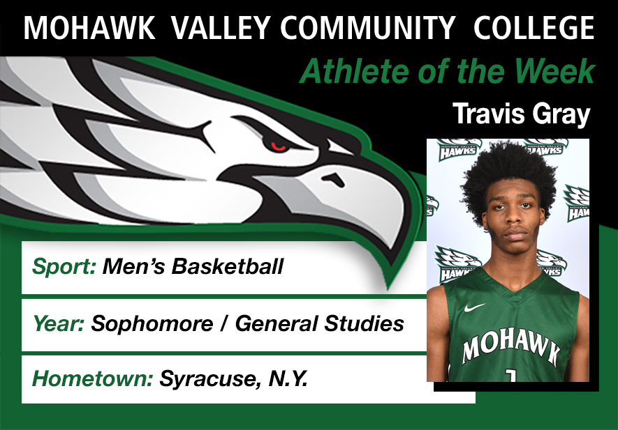 Congratulations to MVCC Athlete of the Week, Travis Gray! The sophomore guard led the Men's Basketball Team to 2 victories last week, and averaged 30 pts, 12 rebounds & 9 assists, including a 46-pt performance vs UlsterCC. Travis is a General Studies major from Syracuse. #GoHawks https://t.co/PreOpx6JeK