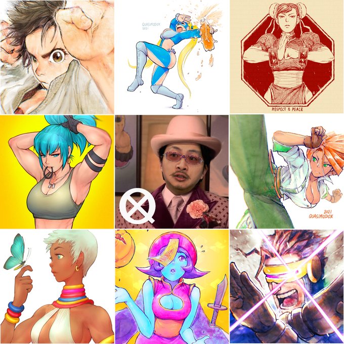 trend format. a 3 by 3 grid, the center grid is the artist, surrounding 8 grid each contains a drawing from the this year. Containing fan art of: Makoto, R. Mika, Chun-Li, Leona Heidern of THE KING OF FIGHTERS, Giovanna of Guilty Gear Strive, Elena of street fighter third strike, Hsien-Ko of Darkstalkers, Cyclops from Marvel vs Street Fighter center picture is me dressed up as a pimp.