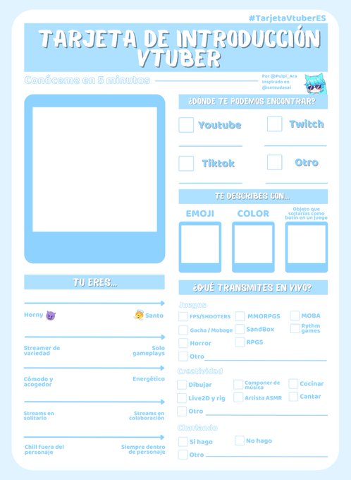 &iexcl;Oye Vtuber! 👋 Aqu&iacute; te dejo una plantilla que te ayudar&aacute; para darte a conocer mejor 💙  Comparte la tuya<a href="/tag/tarjetavtuberes"class="tags"><span>#tarjetavtuberes</span></a>