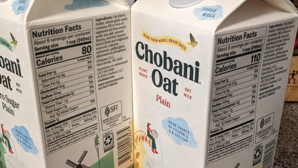 Two types of <a href="/Chobani/">Chobani</a> oat milk, one Zero Sugar and one Zero Sugar Plain. Different nutrition facts. Was sugar left off the Plain ingredient list?