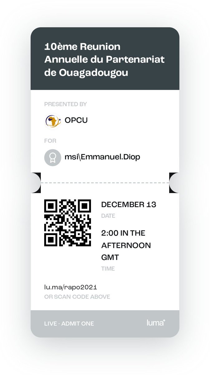 Yo! j'adore le ticket :) 

#10ansduPO Inscrivez-vous dès aujourd'hui pour être au rendez-vous de la plus importante rencontre annuelle PF en Afrique. lu.ma/rapo2021 #RAPO2021