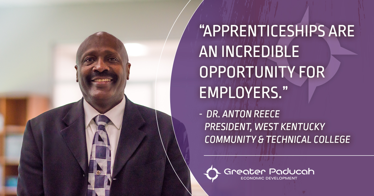 Dr. Anton Reece, President of @WKCTC, describes the College’s advanced #manufacturing apprenticeships as “an incredible opportunity for employers” with a placement rate in the high 90s. See more at epaducah.com. #PowerofPaducah