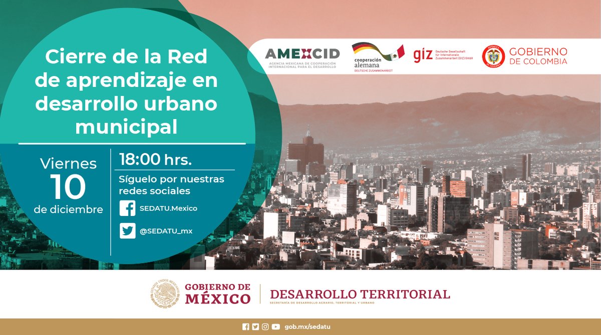 SEDATU_mx's tweet photo. El próximo viernes 10 de diciembre a las 18:00 horas, no te pierdas el cierre de la 'Red de aprendizaje en desarrollo urbano municipal'.

Síguelo a través de https://t.co/ZpqP9REO9a

¡Te esperamos! https://t.co/9khpH6p21J