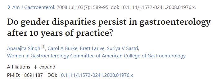 In GI: "After adjusting for practice setting, work hours, practice-ownership, free endoscopy center practice, and vacation time, female gastroenterologists earned $82,000 (22%) less per year than their male colleagues (95% CI $34,000-130,000, P= 0.001)."