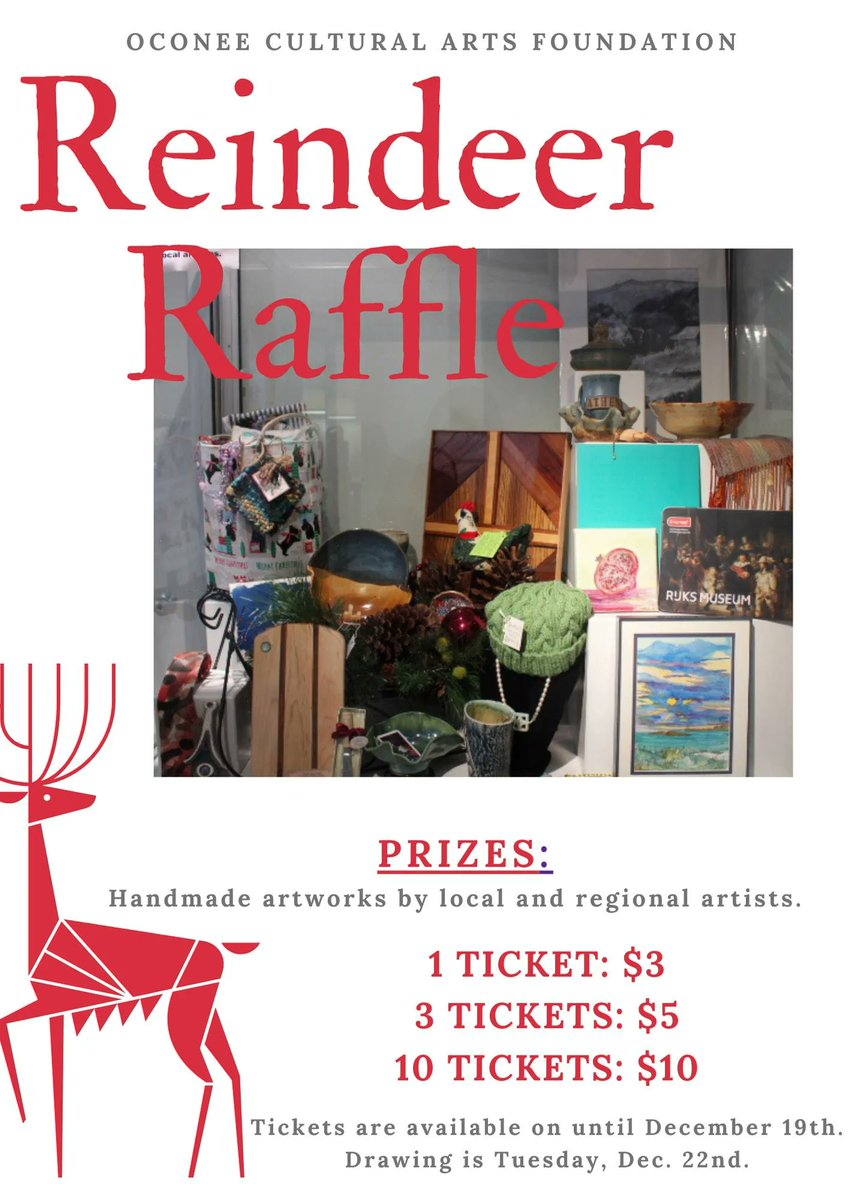 OCAFDirector's tweet photo. There's still time to purchase tickets for the Reindeer Raffle! Stop by the office when you're visiting the Artists Shoppe (Tues - Sat, 10a.m. - 4p.m. through Dec. 22) and get your tickets!  You have to play to win! Drawings to be held Dec. 18th with SIX lucky winners! https://t.co/QZN3GvObO5