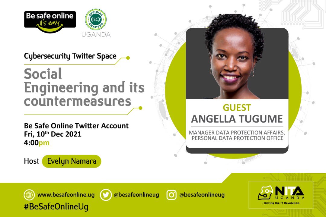RickoR920's tweet photo. One of the panelists on friday will be madam Angella Tugume 
She is a Manager at Data Protection Affairs, personal and data protection Office
She has alot to share with us
DONT MISS !!! 
#BeSafeOnlineUg #SocialEngineeringTwitterSpace @besafeonlineug https://t.co/edO0QbzdGK
